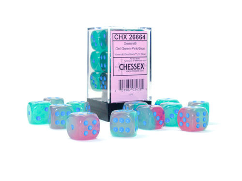 CHESSEX - 12 dados de 16mm (D6) Gel Green-Pink/Blue