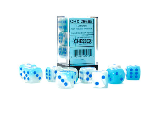 CHESSEX - 12 dados de 16mm (D6) Pearl Turquoise-White/Blue